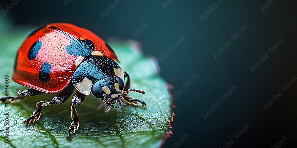 Poster a close-up view of a vibrant ladybug on a green leaf, showcasing its colorful patterns.