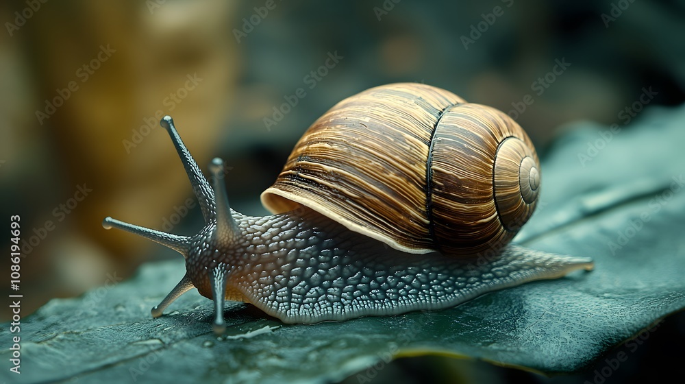 Poster a close-up of a snail on a leaf, showcasing its shell and texture.