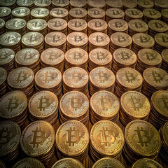 Neat even stacks of gold bitcoins from above