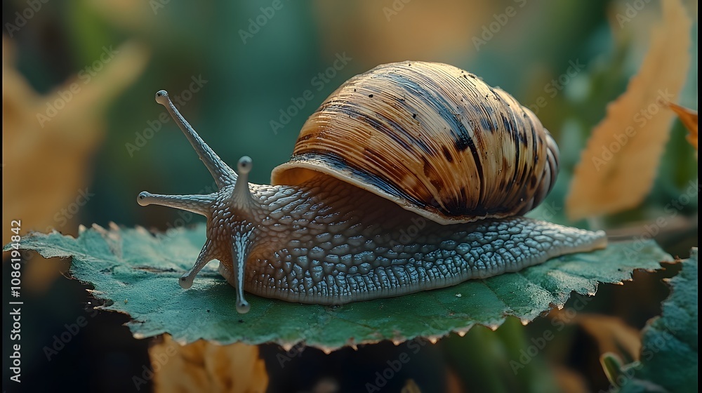Poster a close-up of a snail on a leaf, showcasing its intricate shell and texture.