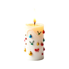 Christmas decorated burning candle with fire isolated on transparent background. Candle png