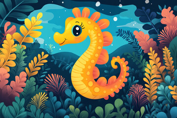 Adorable Yellow Seahorse Among Vibrant Underwater Plants
