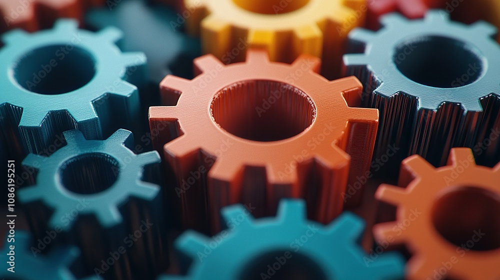Poster colorful interlocking gears representing mechanics and engineering concepts.