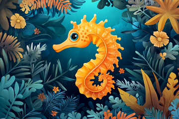A Golden Seahorse Swims Among Lush Tropical Foliage