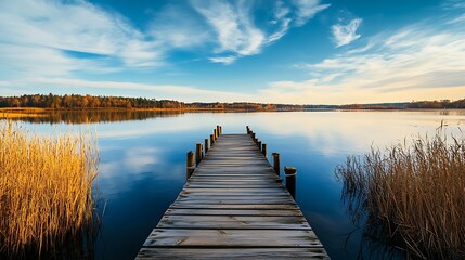 Fototapeta premium Wooden pier on calm lake at sunset. Tranquil nature scene.