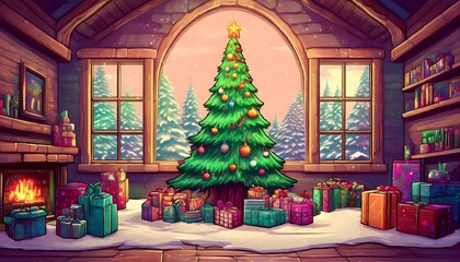 Fototapeta premium Cozy pixel art holiday setting with a sparkling Christmas tree and colorful gifts in a warm room. Generative AI