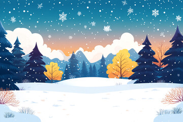 Snowy Winter Landscape with Pine Trees and Yellow Trees