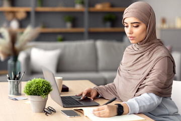 Home Office And Telecommuting Concept. Potrait of focused serious muslim woman in headscarf sitting at desk, using laptop. Female writing in notebook, taking notes, working remotely, free space