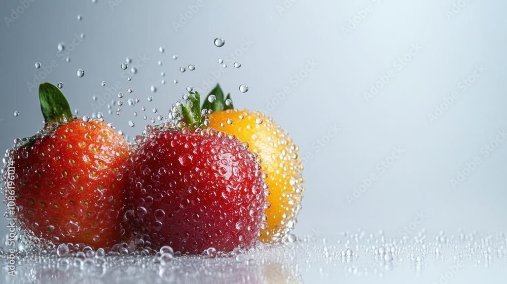 Poster Three fruits, including red apples and a yellow lemon, sit in sparkling water, surrounded by bubbles, creating a refreshing ambiance. Generative AI