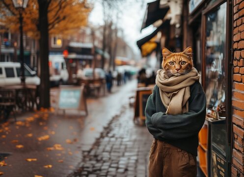 Brutal tall Persian catman dressed warmly strolling through a chilly urban street in autumn