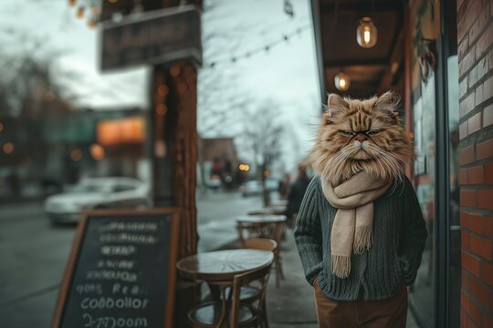 A tall anthropomorphic catman in a cozy scarf strolls through a quiet urban street at dusk