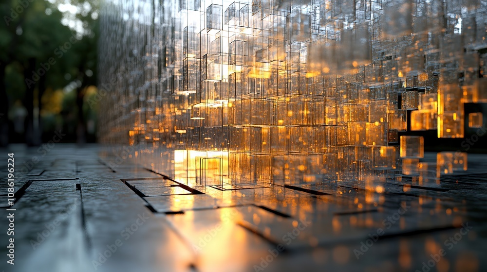 Poster abstract installation with glowing elements reflecting light on a textured surface.