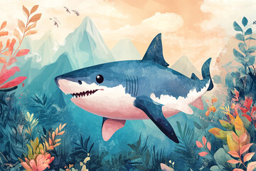 Obraz premium Great White Shark Swimming Amidst Lush Tropical Flora and Mountains