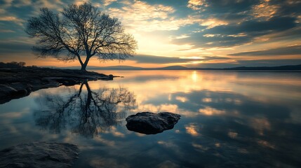 Sunset Reflection Lake Tree