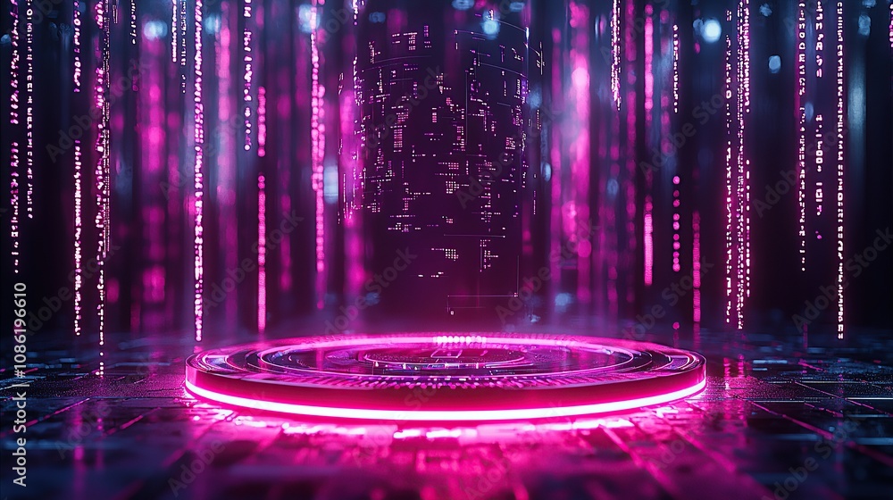 Poster a futuristic digital landscape with glowing pink elements and binary code.