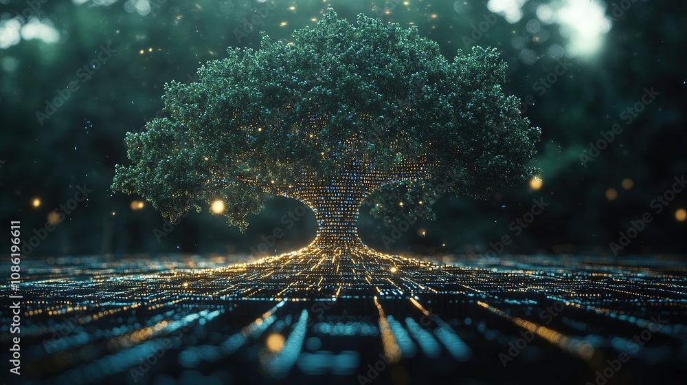 Poster a digitally rendered tree emanating light and data, symbolizing growth and technology.