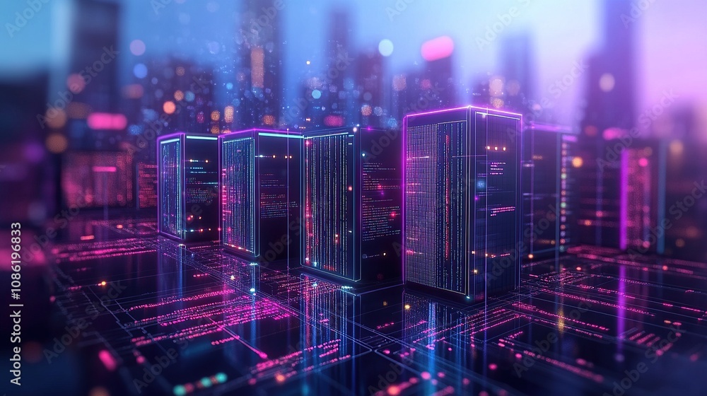 Poster futuristic data center with glowing servers and digital elements.