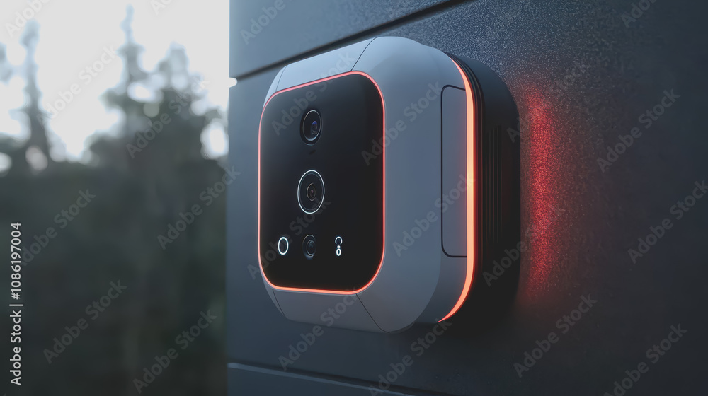 Poster close-up view of a futuristic security camera featuring an elegant design and high-tech functionalit