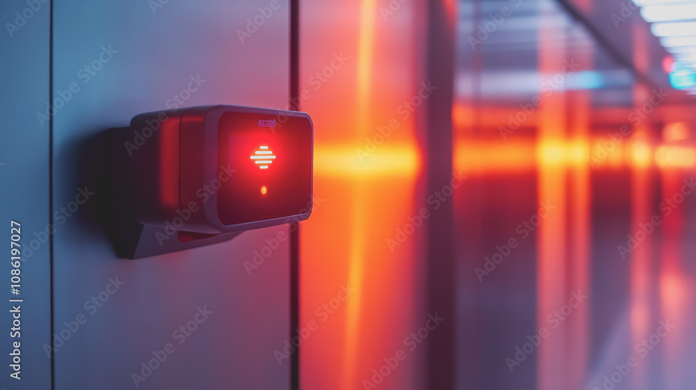 Poster close-up view of a futuristic security camera in a modern environment with soft red lighting enhanci