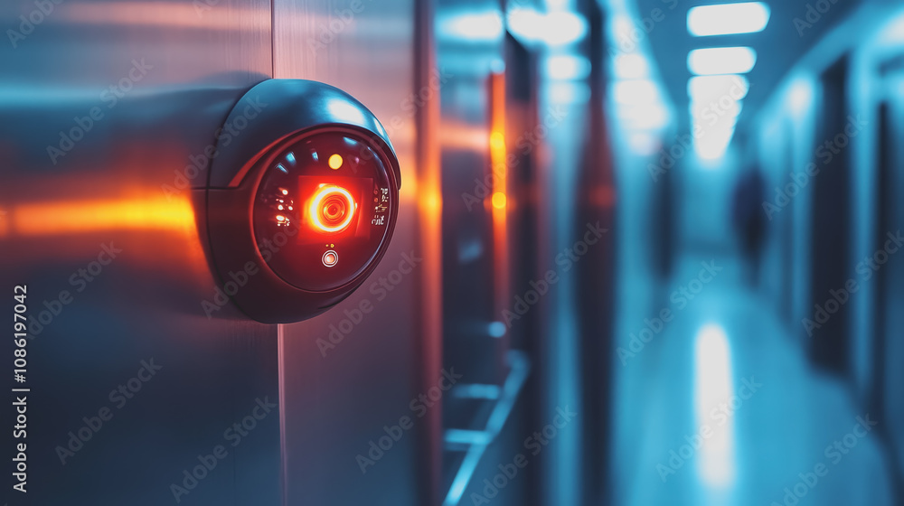 Poster futuristic close-up view of a security camera in a sleek modern elevator hallway with ambient lighti