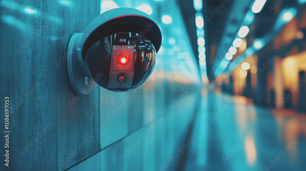 Poster close-up view of a futuristic security camera in a modern urban environment with a soft blur backgro