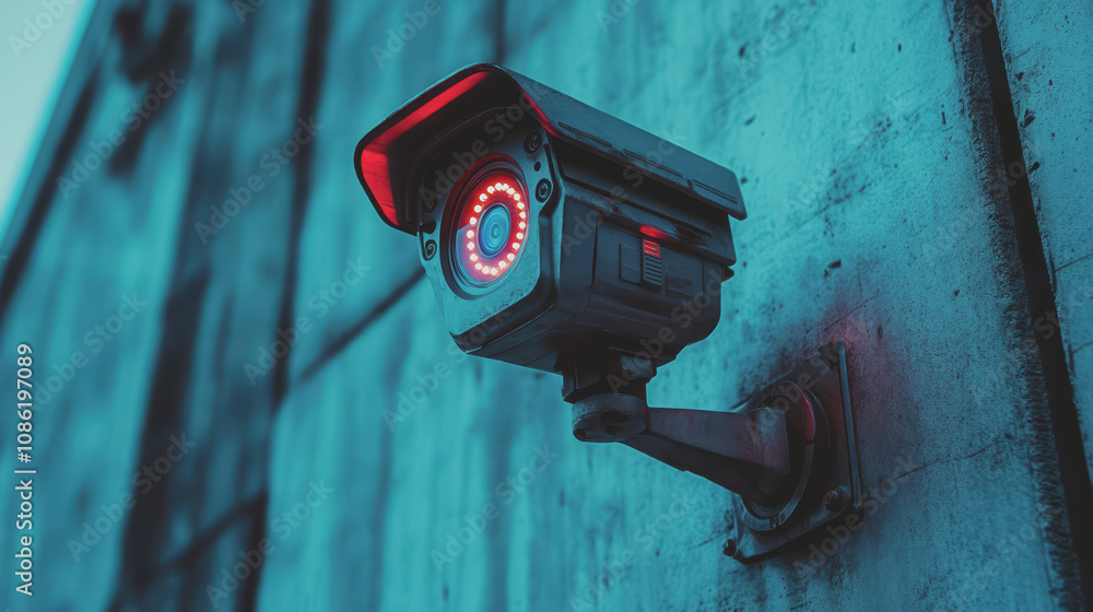 Poster close-up view of a futuristic security camera with red led light in an urban environment