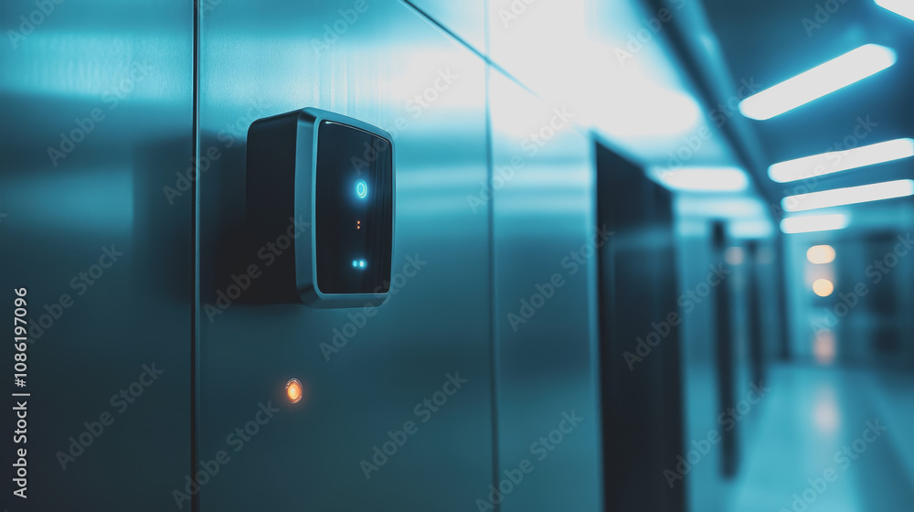 Poster close-up view of a futuristic security camera mounted in a modern building corridor with a sleek met