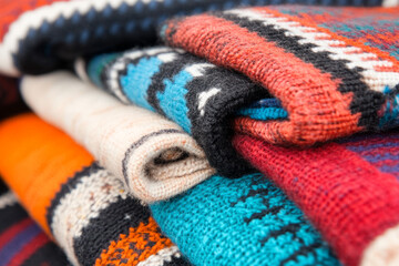 A pile of colorful knitted sweaters