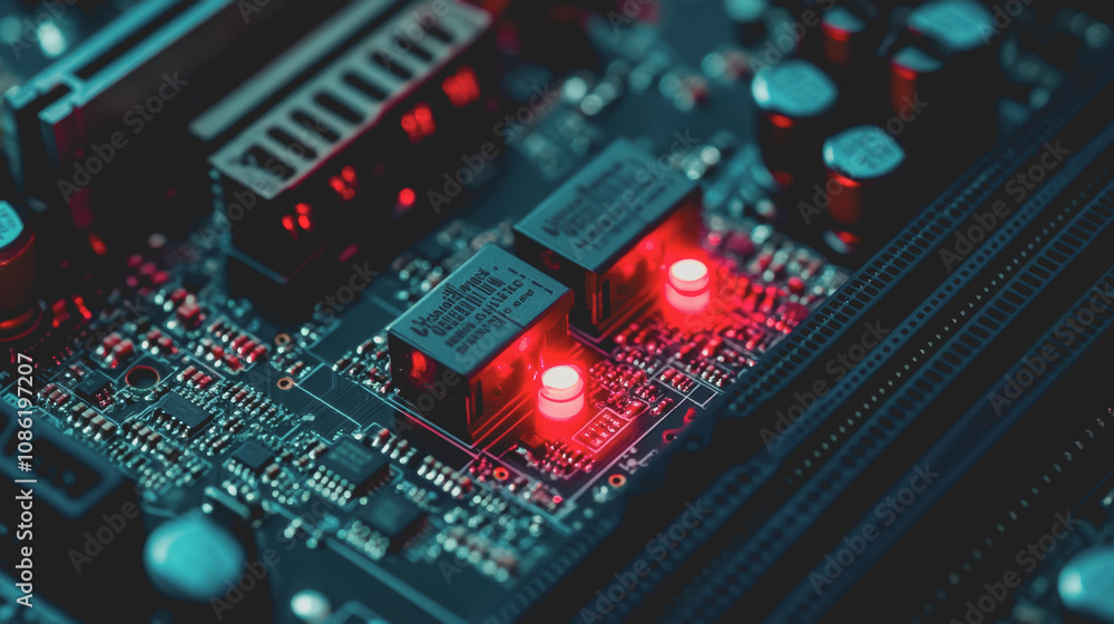 Poster close-up of a computer motherboard featuring illuminated circuits and high-detail components capture