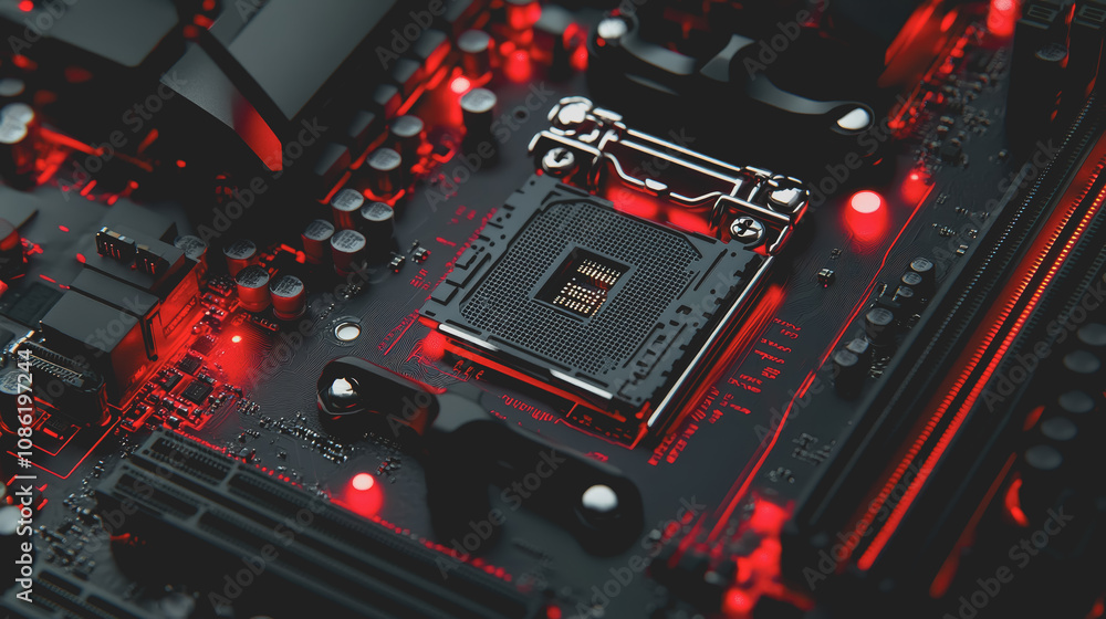 Poster high-resolution close-up of a computer motherboard featuring detailed circuits and components illumi