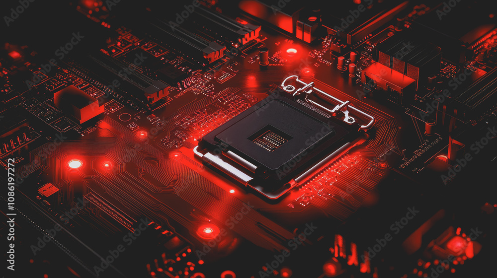 Poster detailed close-up of a computer motherboard with circuitry and led lighting highlighting the process