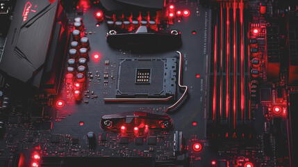 Obraz premium Detailed Close-Up of a Modern Computer Motherboard with Illuminated Circuits and High-Tech Components for Tech Enthusiasts and Designers