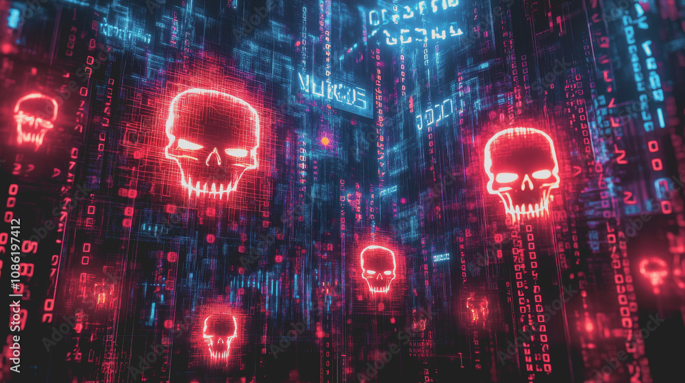 Poster dark and ominous digital landscape featuring holographic elements and abstract skull motifs set agai