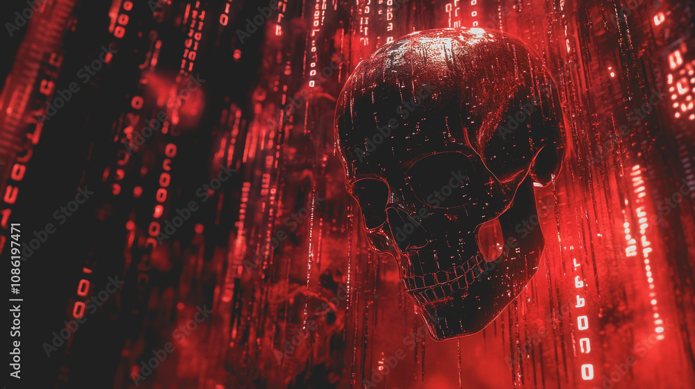 Poster dark and ominous digital landscape featuring a holographic skull surrounded by glowing red binary co