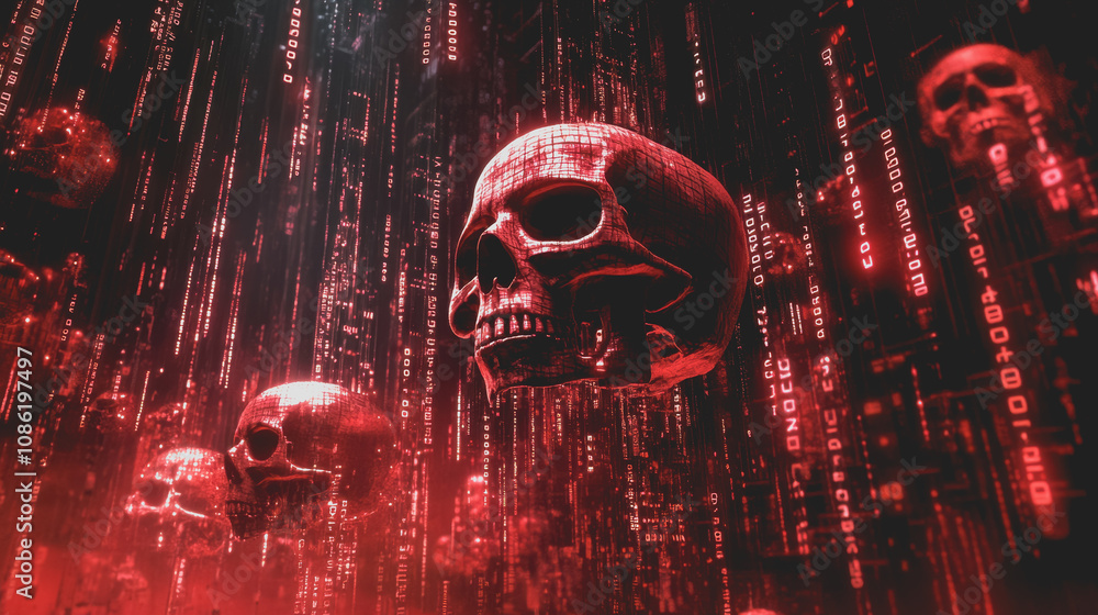 Poster a dark and ominous digital landscape featuring holographic skulls amidst a sea of binary code in a s