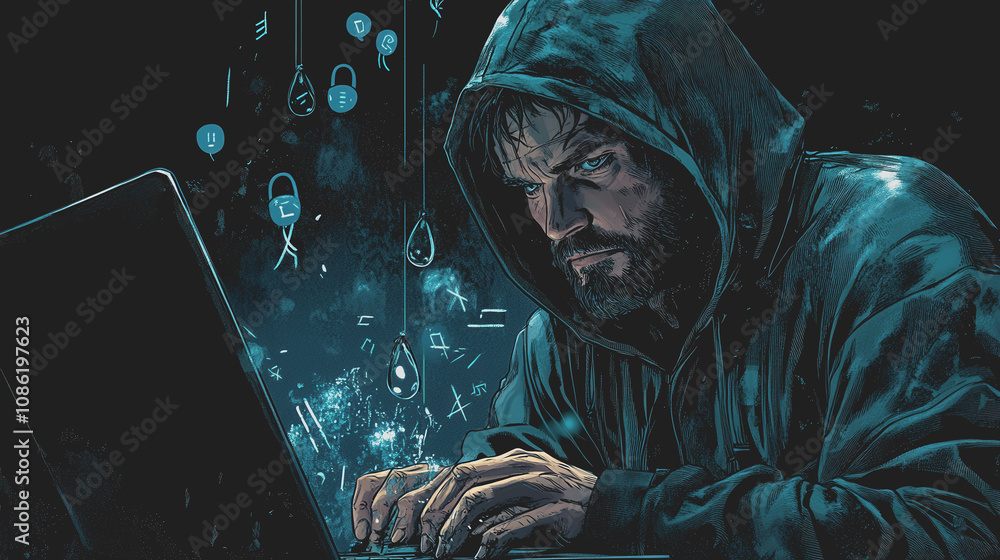 Poster mysterious figure in dark hoodie engaged in hacking activities with glowing laptop and digital graph
