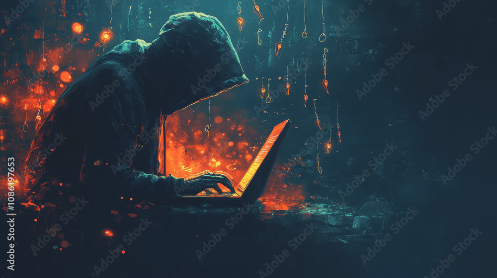 Poster mysterious hacker in a dark setting, deeply focused on a laptop surrounded by glowing light effects,