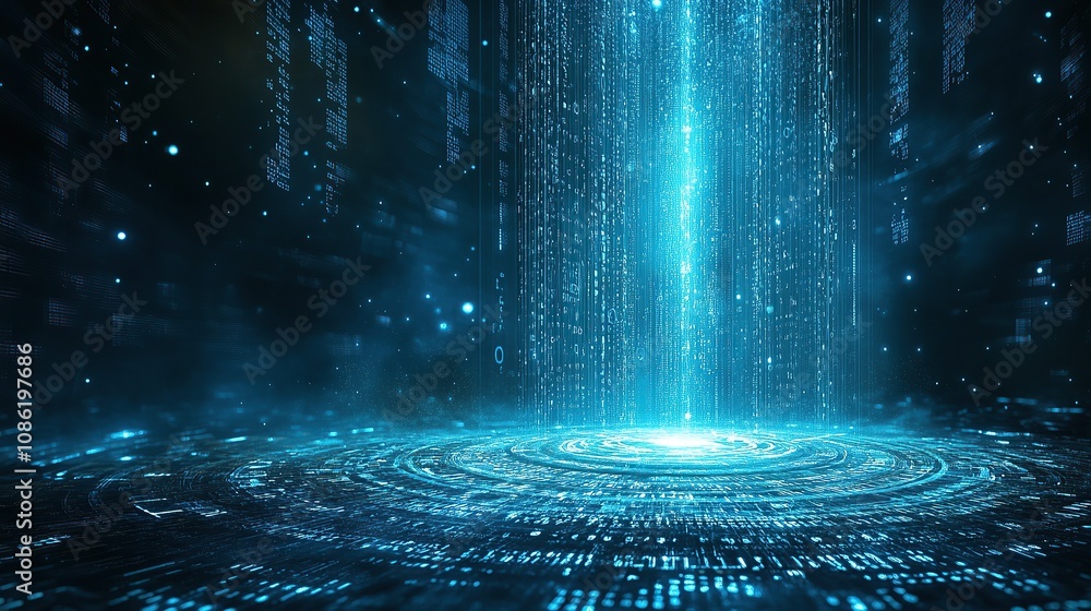 Poster a futuristic digital landscape with cascading data streams and circular patterns.
