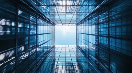 A view looking up through a modern glass building, showcasing architectural design.