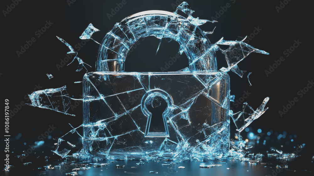Poster digital lock icon surrounded by cracks representing vulnerability and security breach in a modern cy