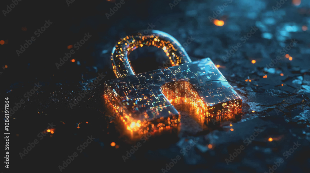 Poster digital lock icon surrounded by cracks symbolizes vulnerability in a futuristic context, highlightin