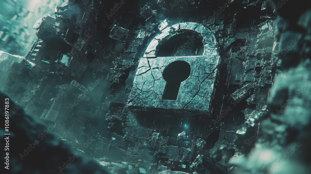 Poster abstract digital lock icon surrounded by cracked structures, symbolizing vulnerability and security 