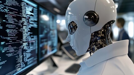 A humanoid robot in white metallic sheath is looking at the computer screen with data and code on it against the backdrop of modern technology office setting in the style of cyberpunk. AI technology.