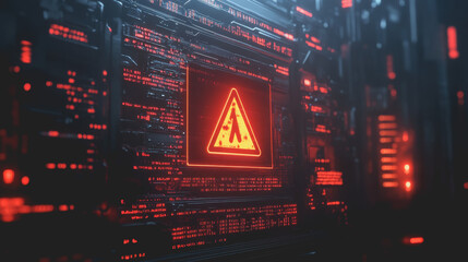 Red Warning Signal on Computer Screen - Futuristic Digital Display with Alert Icon and High-Tech Background Illustrating System Malfunction or Error Notification
