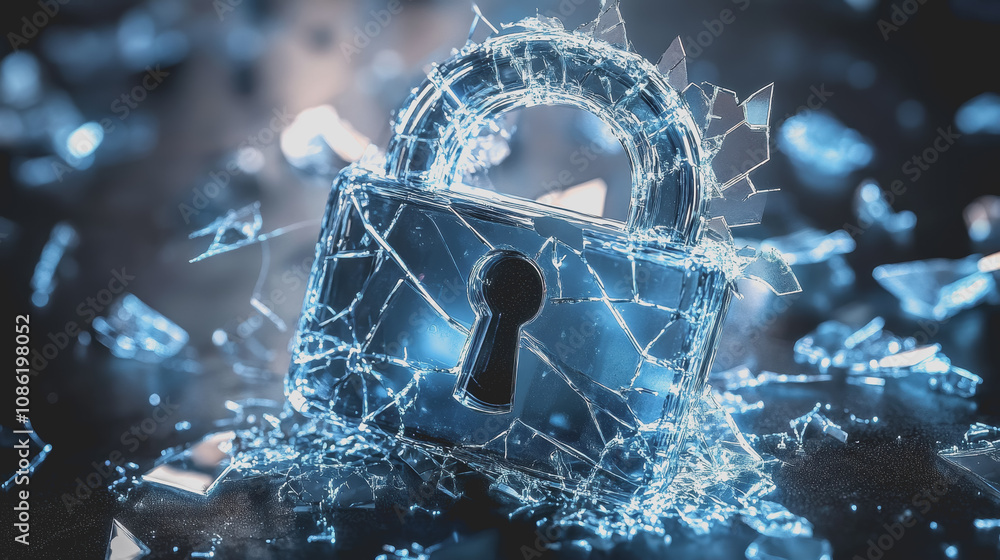 Aufkleber digital lock icon surrounded by cracks representing vulnerability and breach in security, highlighti