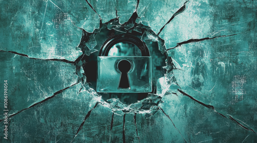 Poster digital lock icon surrounded by cracks, symbolizing security breach and vulnerability in cyber space
