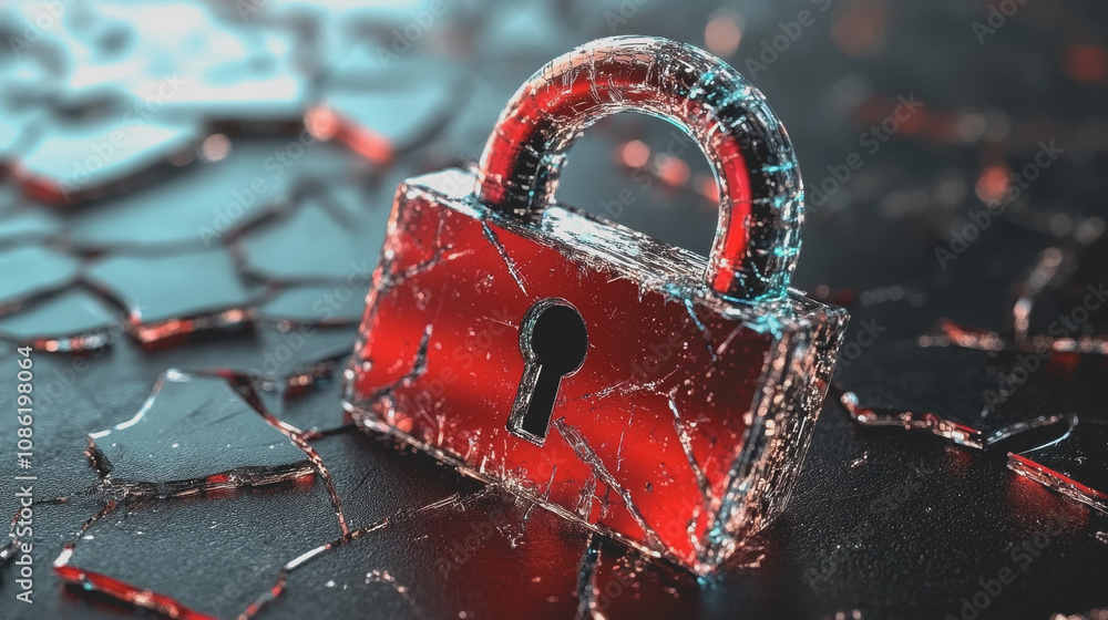 Poster digital lock icon surrounded by cracks symbolizes vulnerability in a technological world with red an
