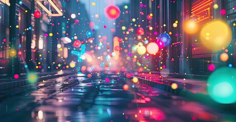 Colorful lights reflecting in wet street.