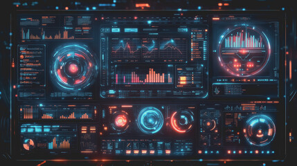 Futuristic Digital Dashboard Interface Displaying Comprehensive Data Analytics and Metrics Visualizations in Vibrant Colors for Advanced Technology Applications