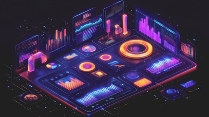 Obraz premium Futuristic Digital Dashboard Displaying Data and Analytics with Neon Graphics, Charts, and Interactive Features for Advanced Visualization Solutions